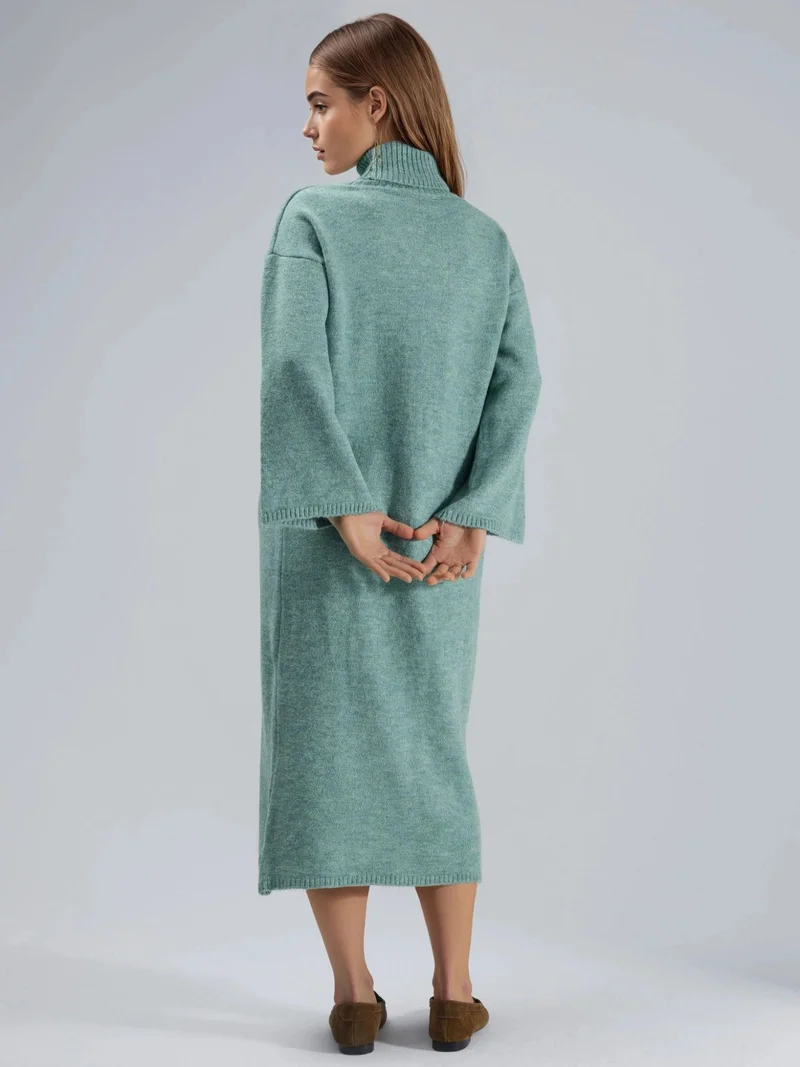 MY FASHION Sage Green MY FASHION Ribbed Turtleneck Maxi Knit Dress for Women | Best Price UAE